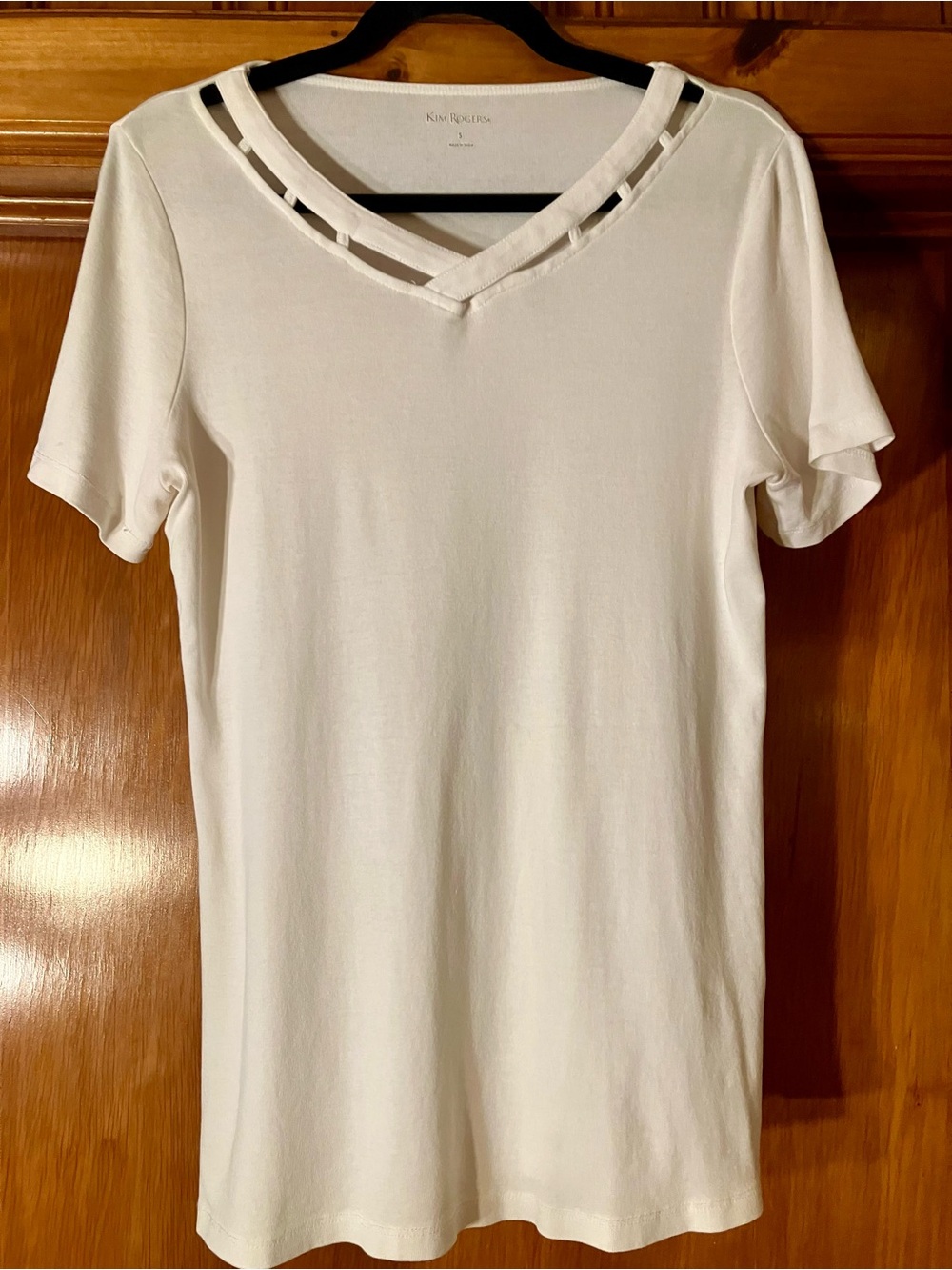 Kim Rogers White Short Sleeve V-Neck Top with Ladder Trim